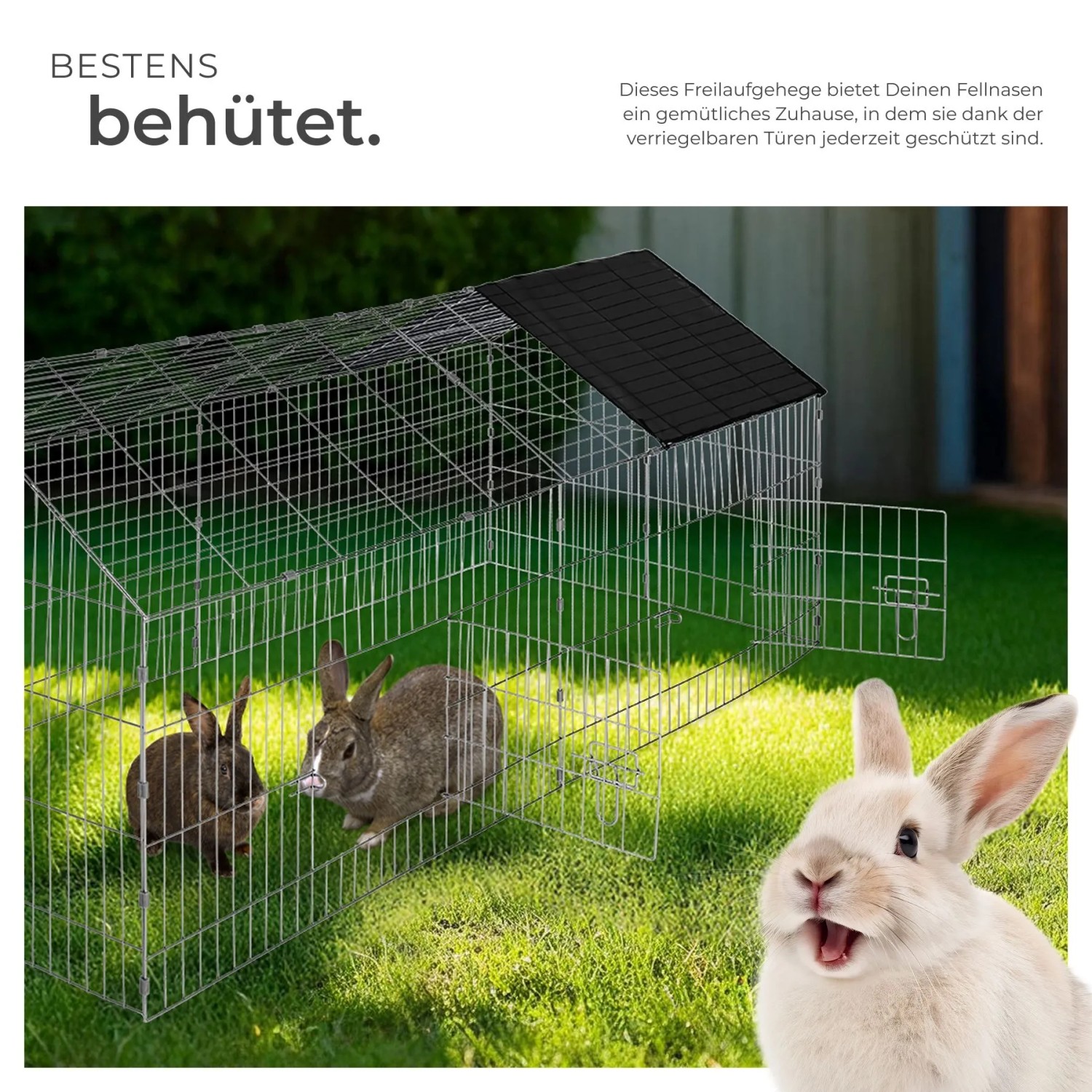Schwarzes Tectake Freilaufgehege für Kaninchen mit Sonnenschutz im Garten.