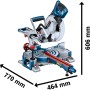 Bosch Professional GCM 305-216 D Kapp- und Gehrungssäge, blau-silber, mit Maßangaben.