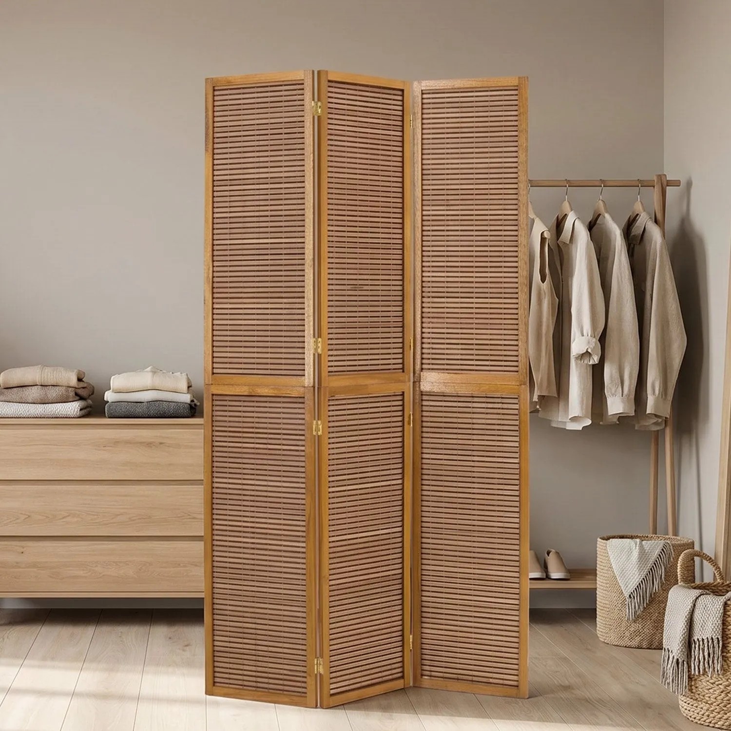 Homestyle4u 3-teiliger Paravent aus braunem Holz und Bambus, Raumteiler und Sichtschutz für Innen.