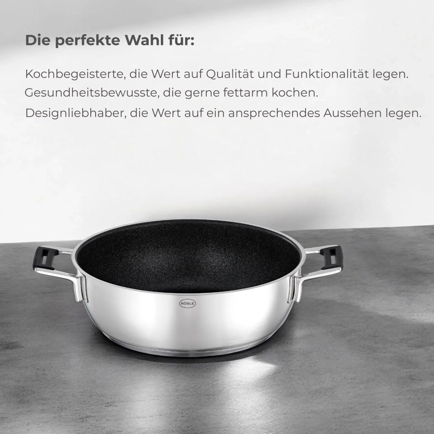 RÖSLE Servierpfanne SILENCE PRO, Ø 28 cm, Edelstahl mit schwarzer ProResist Antihaftbeschichtung und zwei Griffen.