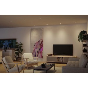 Paulmann LED-Einbaustrahler Nova GU10 Flat in mattweiß leuchten ein modernes Wohnzimmer warm aus.
