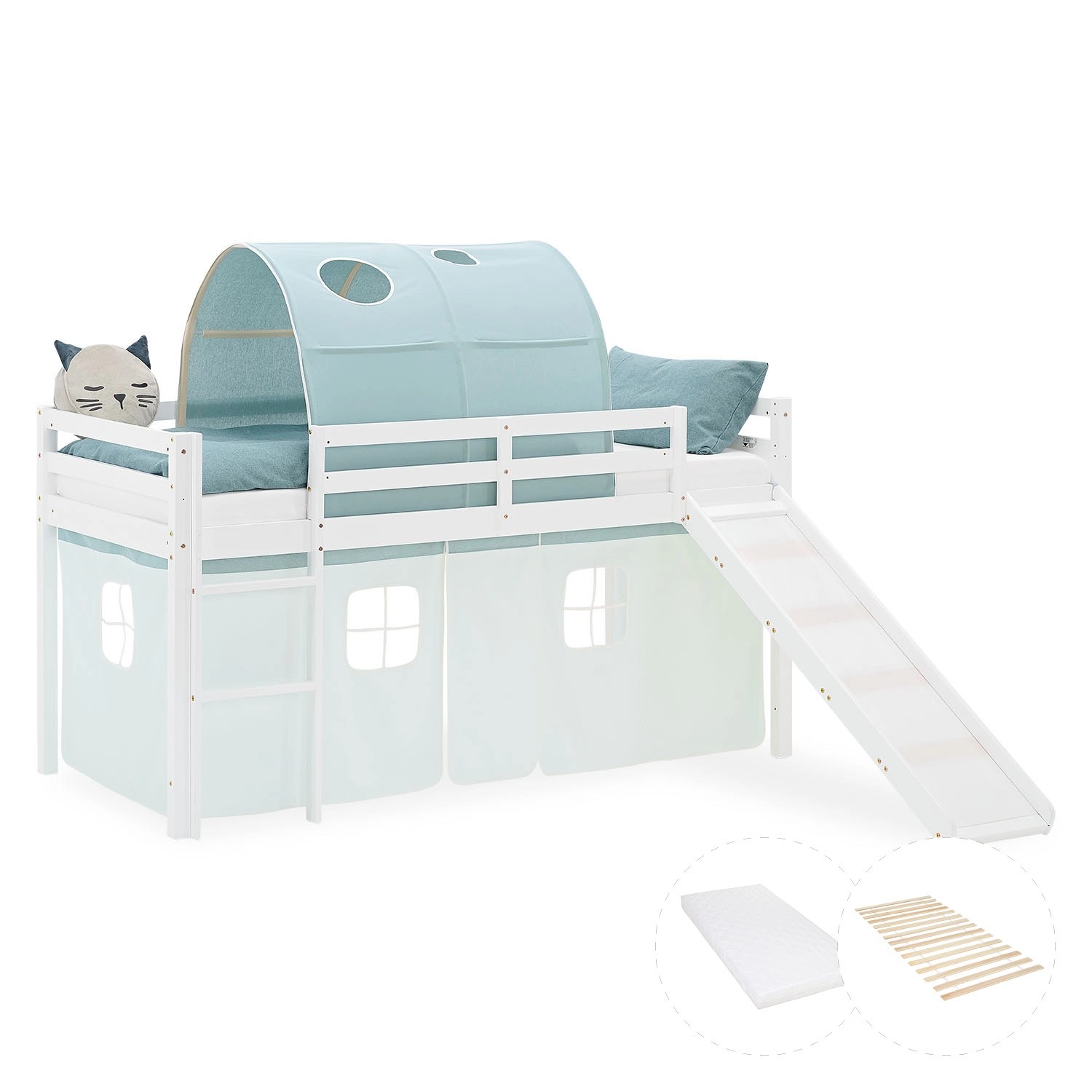 Homestyle4u Kinder Hochbett 90x200 Rutsche Vorhang Tunnel Grün Kinderbett 2 günstig online kaufen