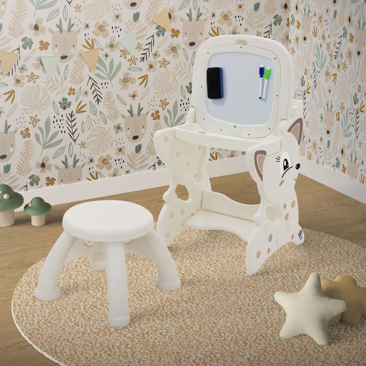 Weißer Joyz 3in1 Spieltisch mit LCD-Tafel, Kinderhocker und Zubehör. Vielseitiges Spielgerät für kreative Kinder.