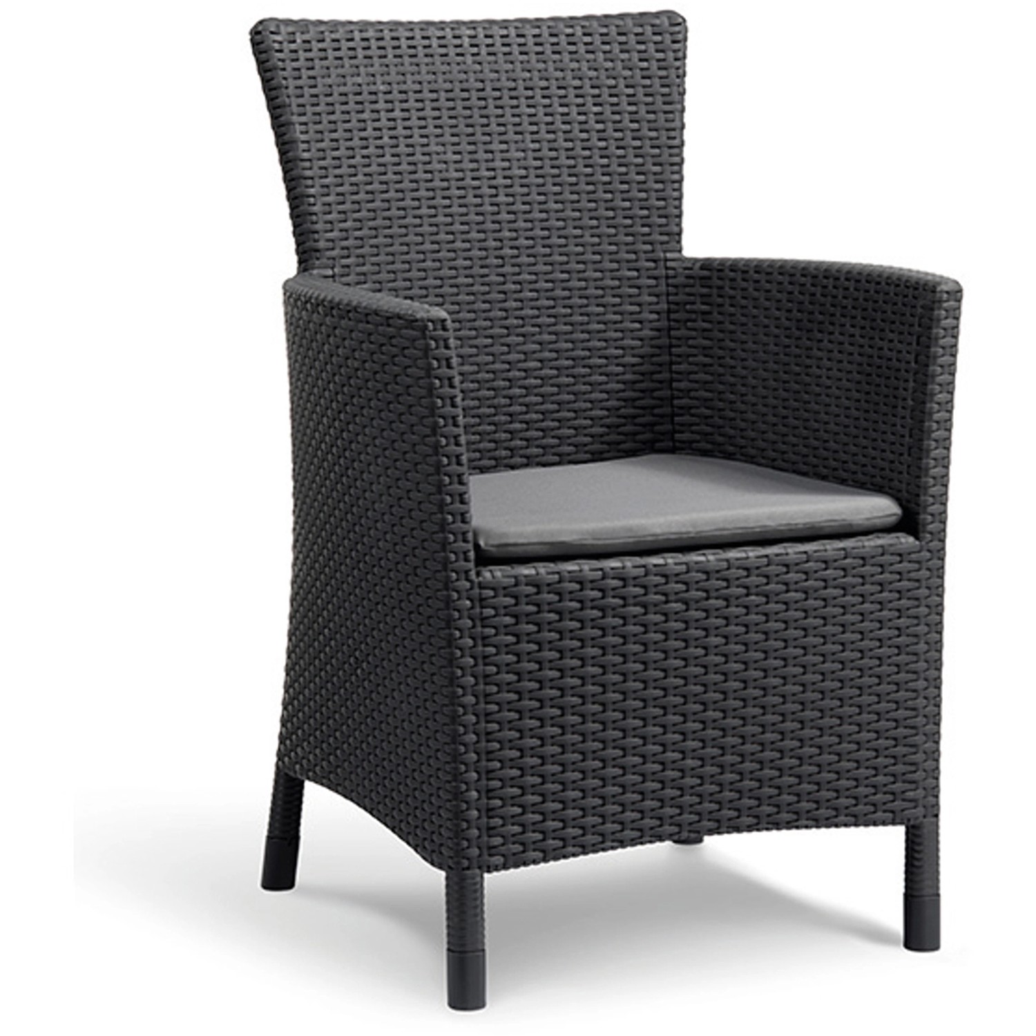 Grauer Allibert Sessel mit Kissen, Teil des 3-tlg. Gartenmöbelsets Lowa.