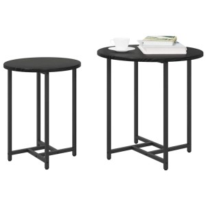 vidaXL Beistelltisch-Set, 2-teilig, schwarz Eichenoptik, runde Tische mit Metallgestell.