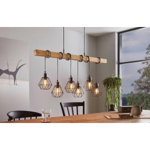 Moderne 6-flammige Eglo Hängeleuchte Townshend 5 in Schwarz-Braun mit Holzbalken und Drahtschirmen.