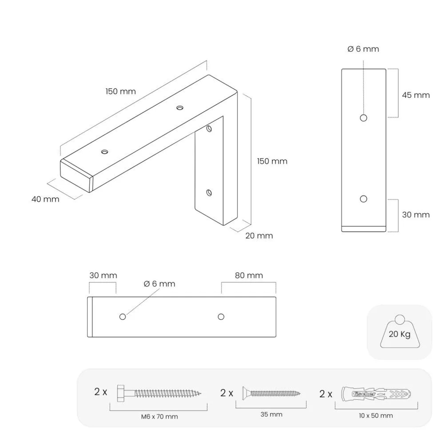 Technische Zeichnung der weißen HEVVA Schwerlast Regalhalterung MAIN 15 cm mit Maßen und Befestigungsmaterial, 20 kg Traglast.