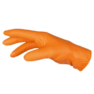 Orangefarbener Einmalhandschuh, Größe 10, für Arbeiten mit öligen und verschmutzten Teilen.