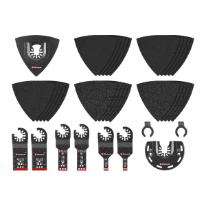 Einhell KFZ-Multitool-Set XL, 35-teilig, mit Sägeblättern, Schleifpapier und Universalaufnahme.