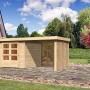 Karibu Holz-Gartenhaus Boras mit Flachdach, unbehandelt, mit Anbau und Doppeltür.