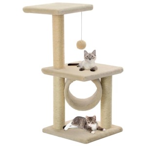 Beiger Katzen-Kratzbaum mit Sisal, 65 cm hoch, mit zwei Katzen.