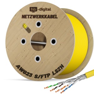Gelbes CAT 7 Netzwerkkabel (1000m) auf Holzspule, S/FTP, AWG23, LSZH.