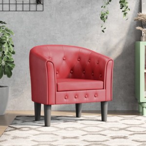 Weinroter Clubsessel aus Kunstleder mit Knopfheftung. Gemütlicher Loungesessel für Wohnzimmer und Büro.