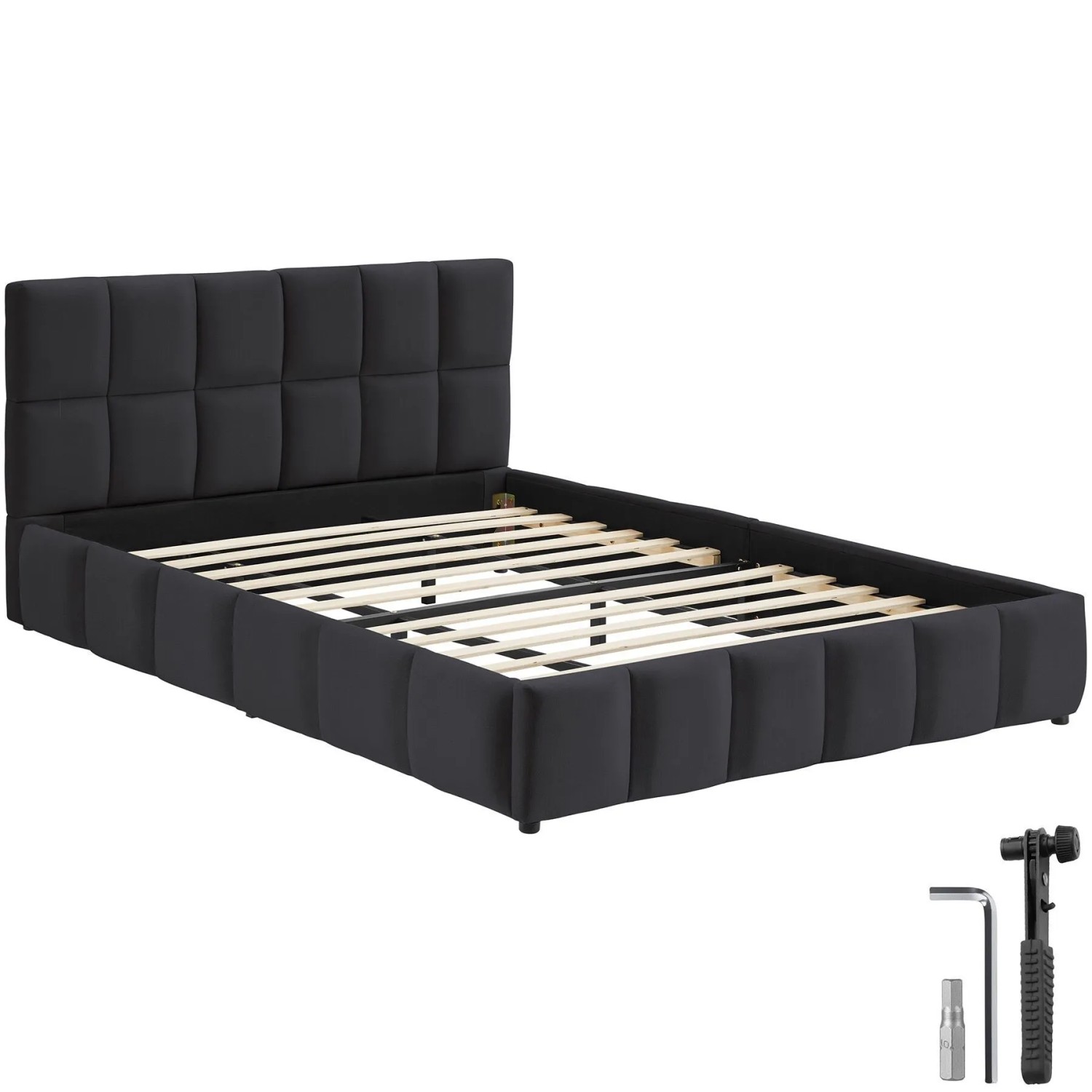Tectake Polsterbett Shirley Samtbezug Mit Steppmuster Integrierter Lattenrost 180 x 200 cm 220 x 193 x 93 cm Samtoptik Schwarz