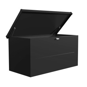 Schwarze Auflagenbox Nevio 160 (165x85 cm) mit geöffnetem Deckel. Ideal zur Aufbewahrung von Gartenkissen.