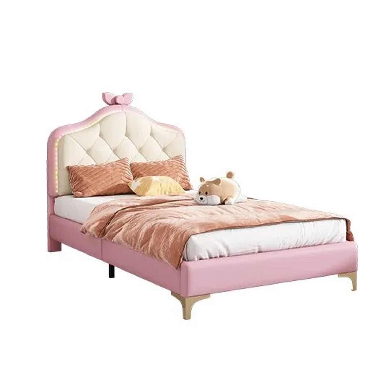 PXloue Polsterbett Einzelbett Rosa Schleife LED Streifen Kinderbett PU 90x200cm
