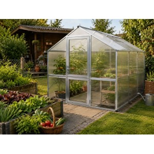 Rechteckiges KGT Gewächshaus Alu blank im Garten mit Pflanzen, Dachfenster und Tür. Ideal für Gemüseanbau.