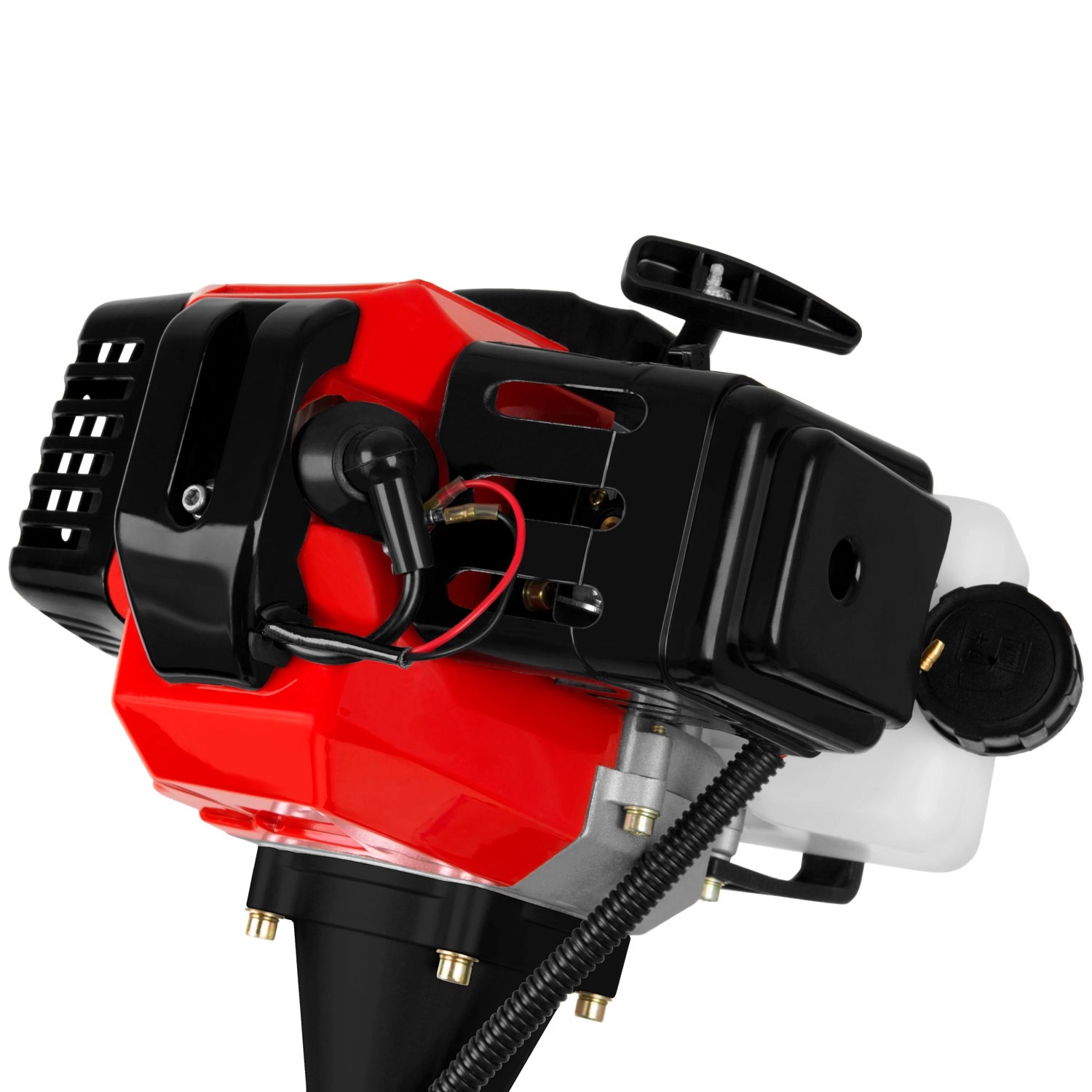 Detailaufnahme des Motors der EBERTH Motorsense/Freischneider. Rot, Schwarz und Silberfarben.