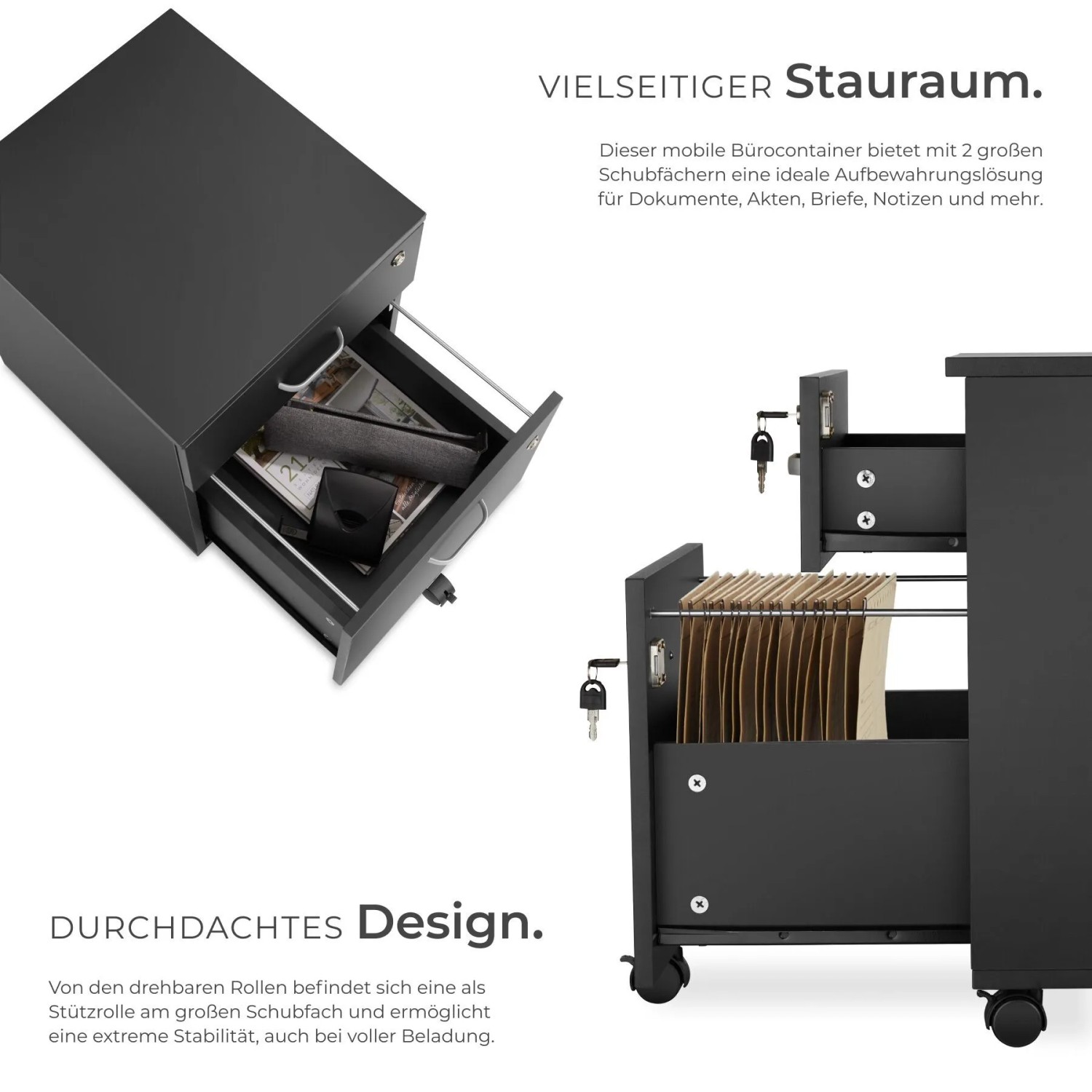 Tectake Rollcontainer Vagur Mit 2 Schubladen Für Dokumente Im A4 Format Abschließbar  Inkl  Ersatzschlüsseln  46 x 40 x 54 50 cm Schwarz_3