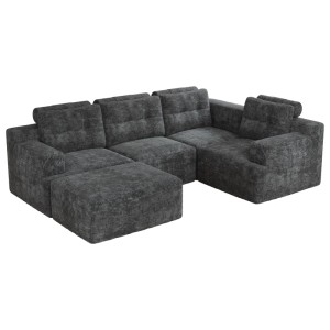 Dunkelgraues Merax Modular Sofa in L-Form aus Chenille, mit getufteten Rückenlehnen und Hocker.