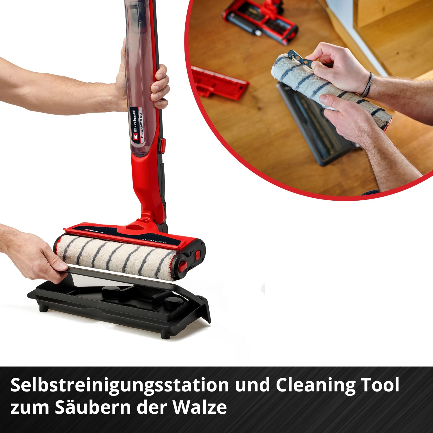 Einhell Akku-Hartbodenreiniger Cleanexxo mit Reinigungsstation und Zubehör.