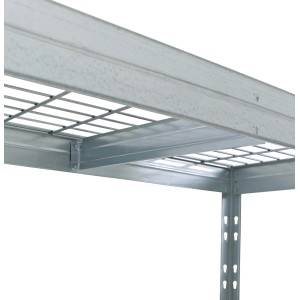 Detailansicht: Schwerlast-Steckregal mit Stahlgitterböden, verzinkt, für hohe Lasten und Feuchtigkeit.