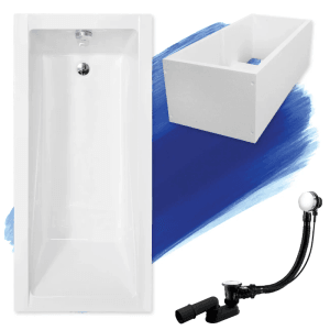 Weiße Rechteck-Badewanne MODERN 150x70 aus Acryl mit Wannenträger und komplettem Ablauf-Set für Ihr Bad.