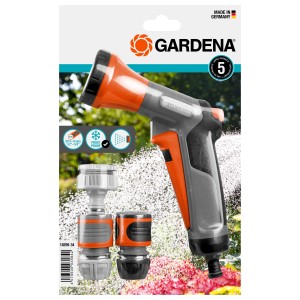 Gardena Bewässerungsbrausen-Set mit Brause, Adapter, Schlauchverbinder und Wasserstop für Schlauchanschluss.