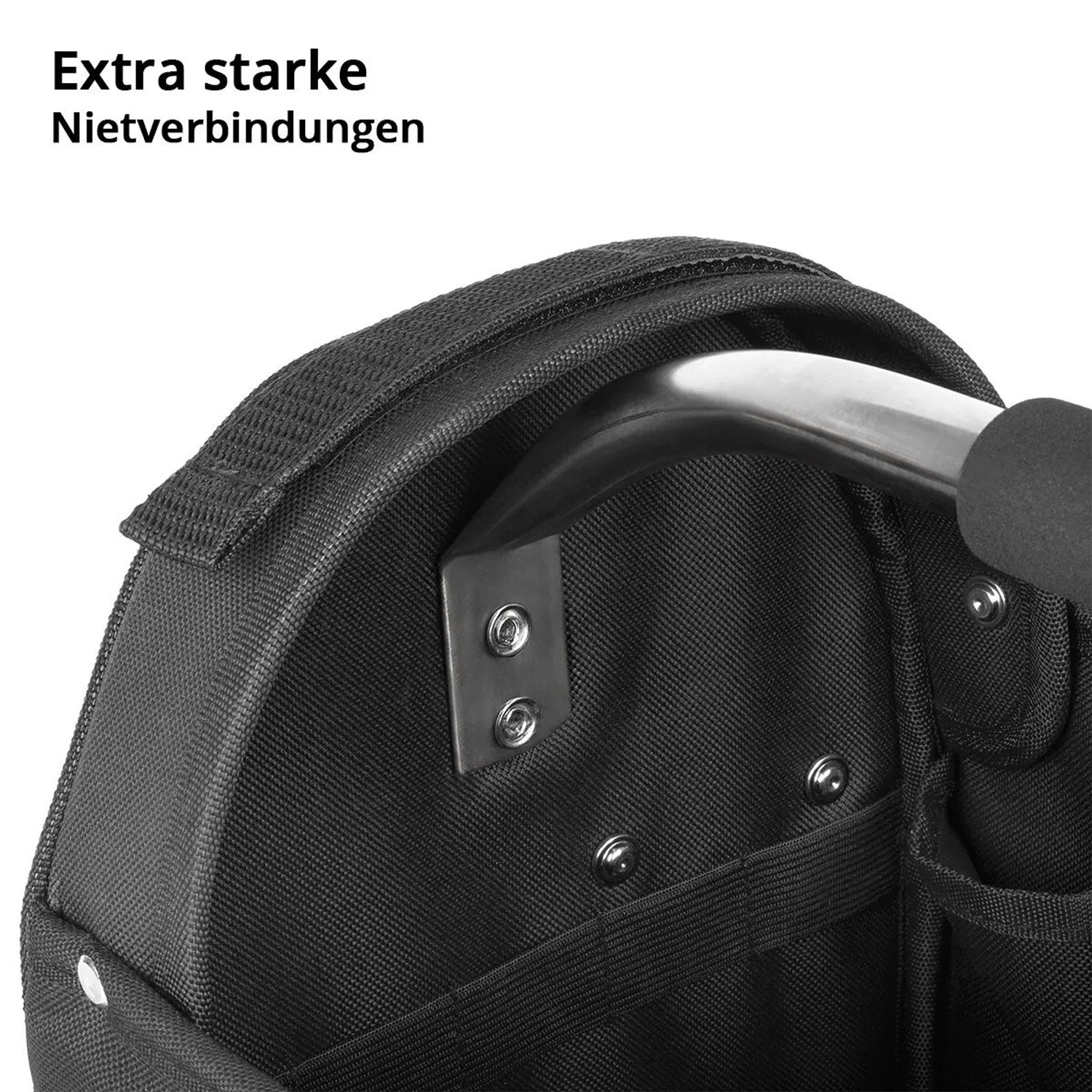 Detailaufnahme: STAHLWERK Werkzeugtasche mit verstärkten Nietverbindungen und Tragegriff.