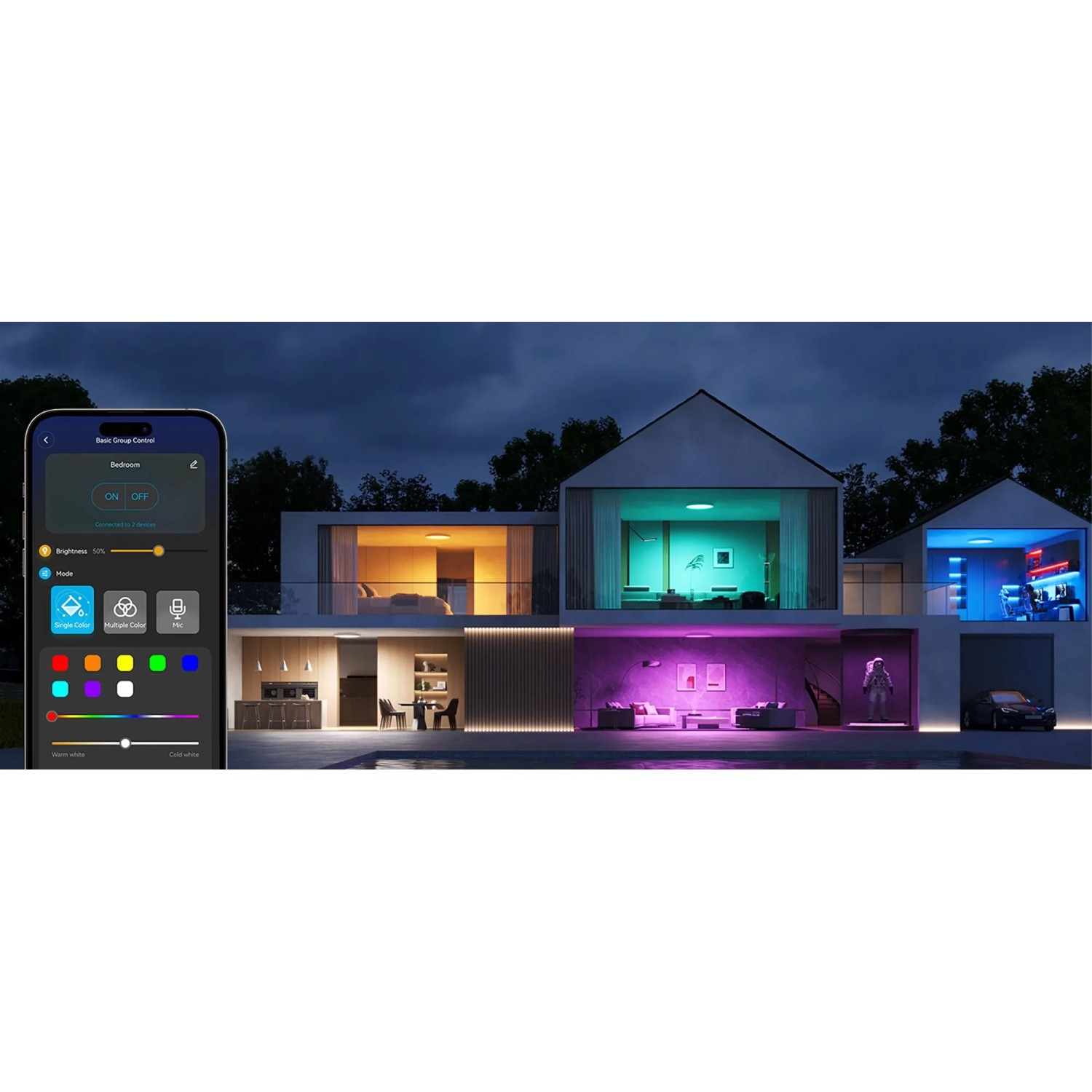 Govee LED Leuchtmittel Set: Haus mit farbiger Beleuchtung, gesteuert per App.