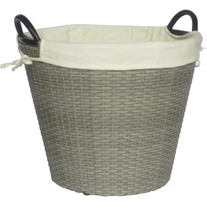 Grauer FIREFIX Rattankorb mit zwei Griffen und Stoffeinsatz, ideal für Kaminholz oder Spielzeug.