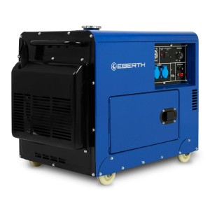 EBERTH Notstromaggregat Diesel 5000W, blaues Metallgehäuse mit Rollen, 230V und 12V Anschlüsse.