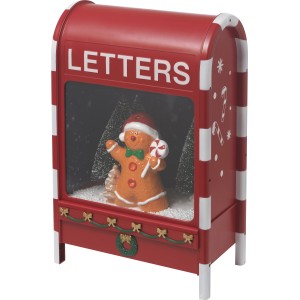 Weihnachtliche Spieluhr Briefkasten mit Lebkuchenmann und LED-Beleuchtung.