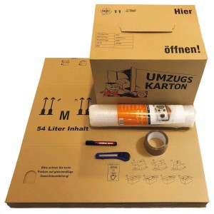 Umzugs-Set mit 10 Umzugskartons, Luftpolsterfolie, Packband, Cuttermesser und Marker.