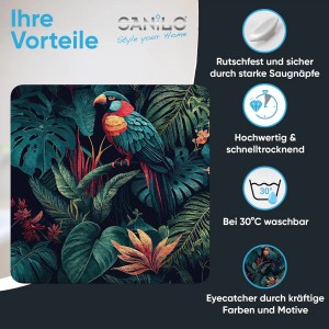 SANILO Badematte Exotic mit Papagei-Motiv und tropischen Blättern. Rutschfeste Duschmatte für Badewannen-Zubehör.