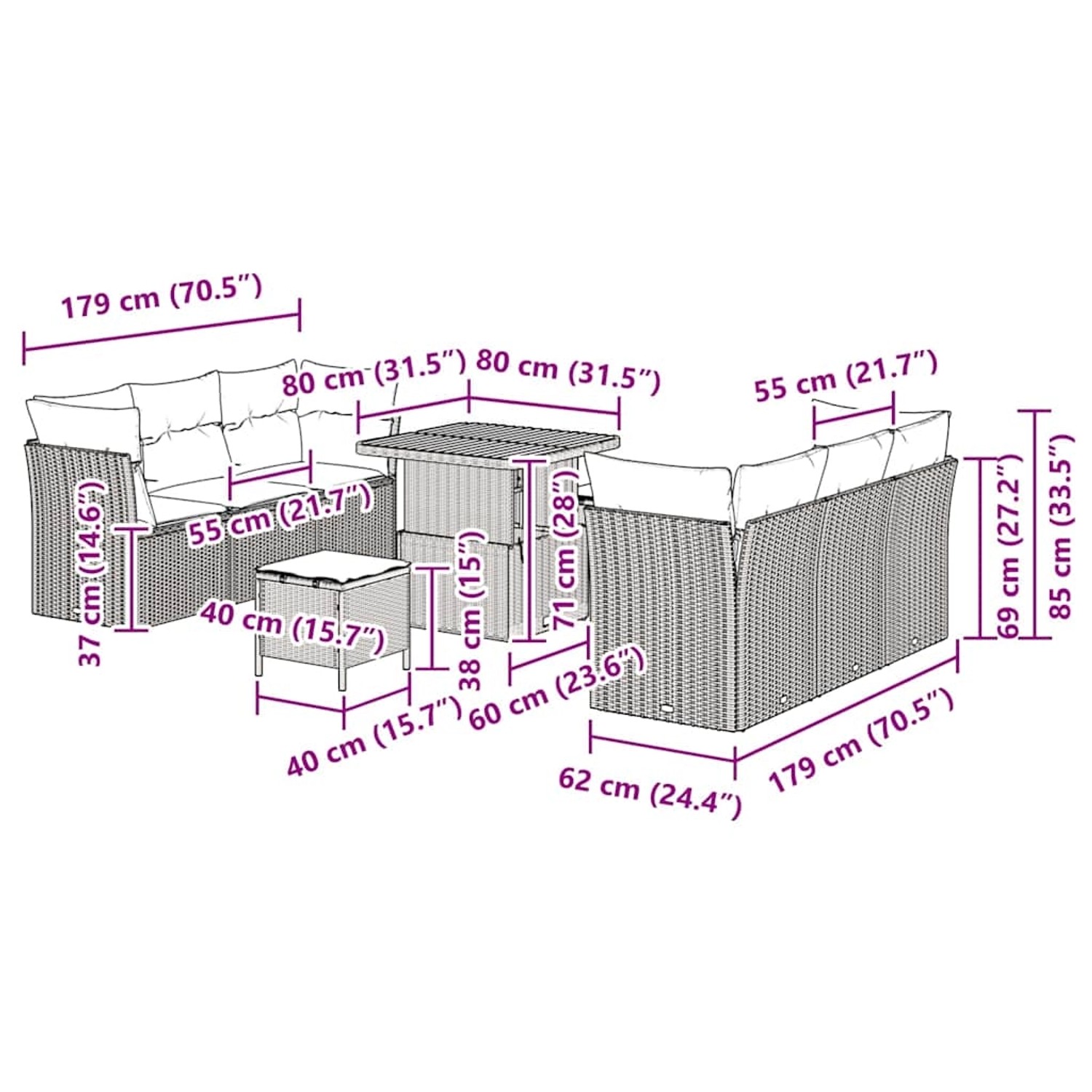 vidaXL 9-teiliges Garten-Sofa-Set aus schwarzem Rattan mit Akazienholz und Kissen. Gartenmöbel für Terrasse und Balkon.