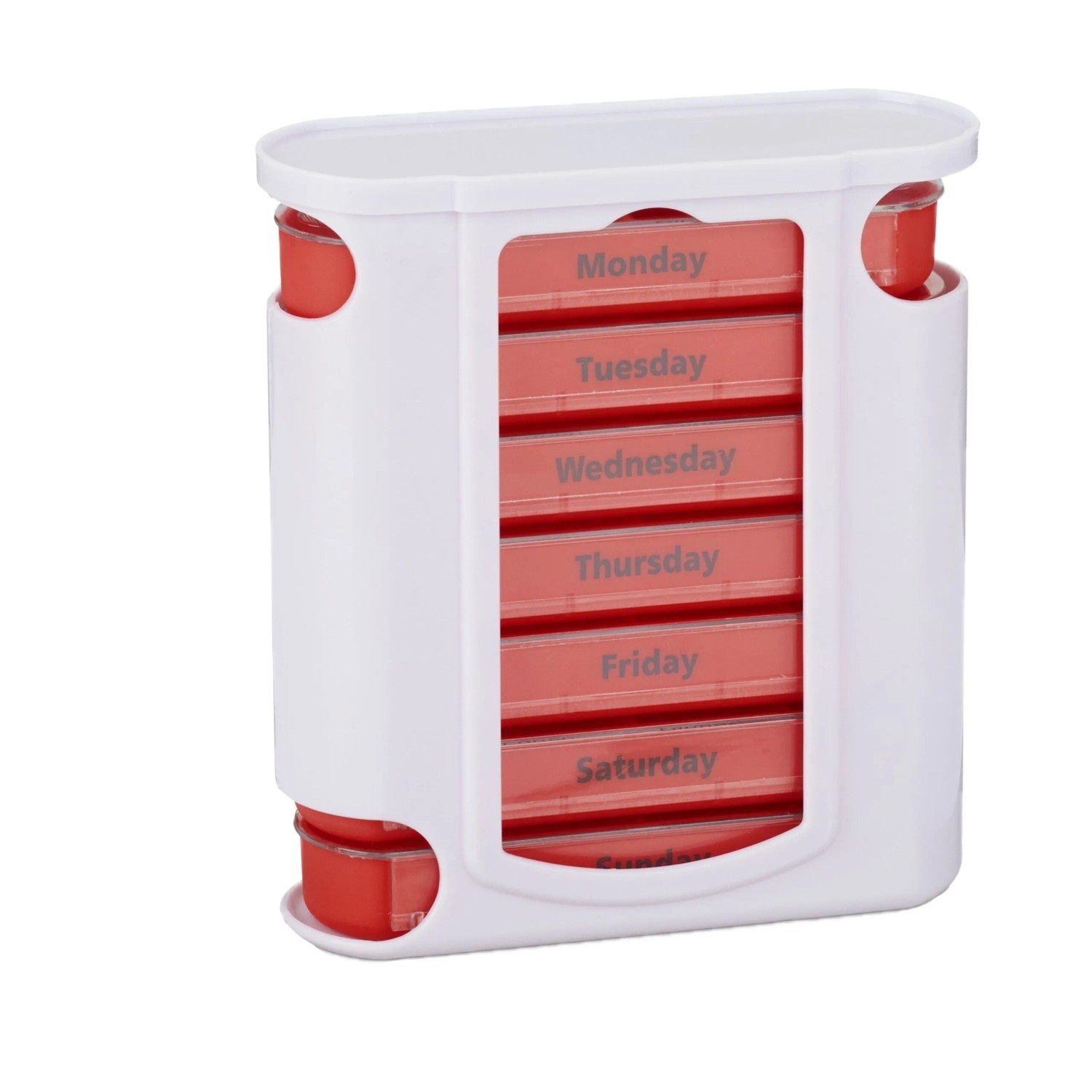 Relaxdays Pillendose PP ABS Weiß Rot 7 Tage 4 Fächer Englisch Schiebedeckel 13 cm x 11,5 cm x 4,5 cm 170 g