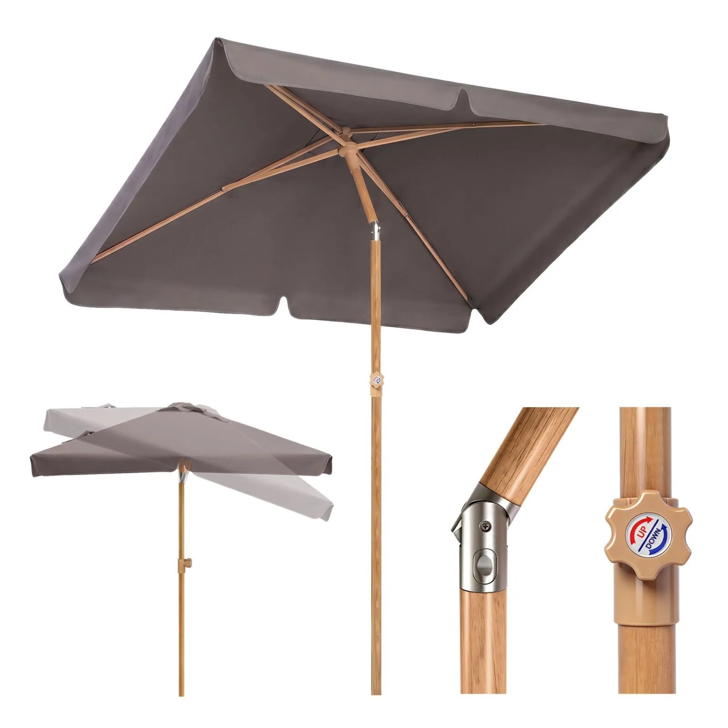 Sekey Rechteckiger Sonnenschirm 200 x 125 cm in Holzoptik mit UV50+ für Balkon und Terrasse