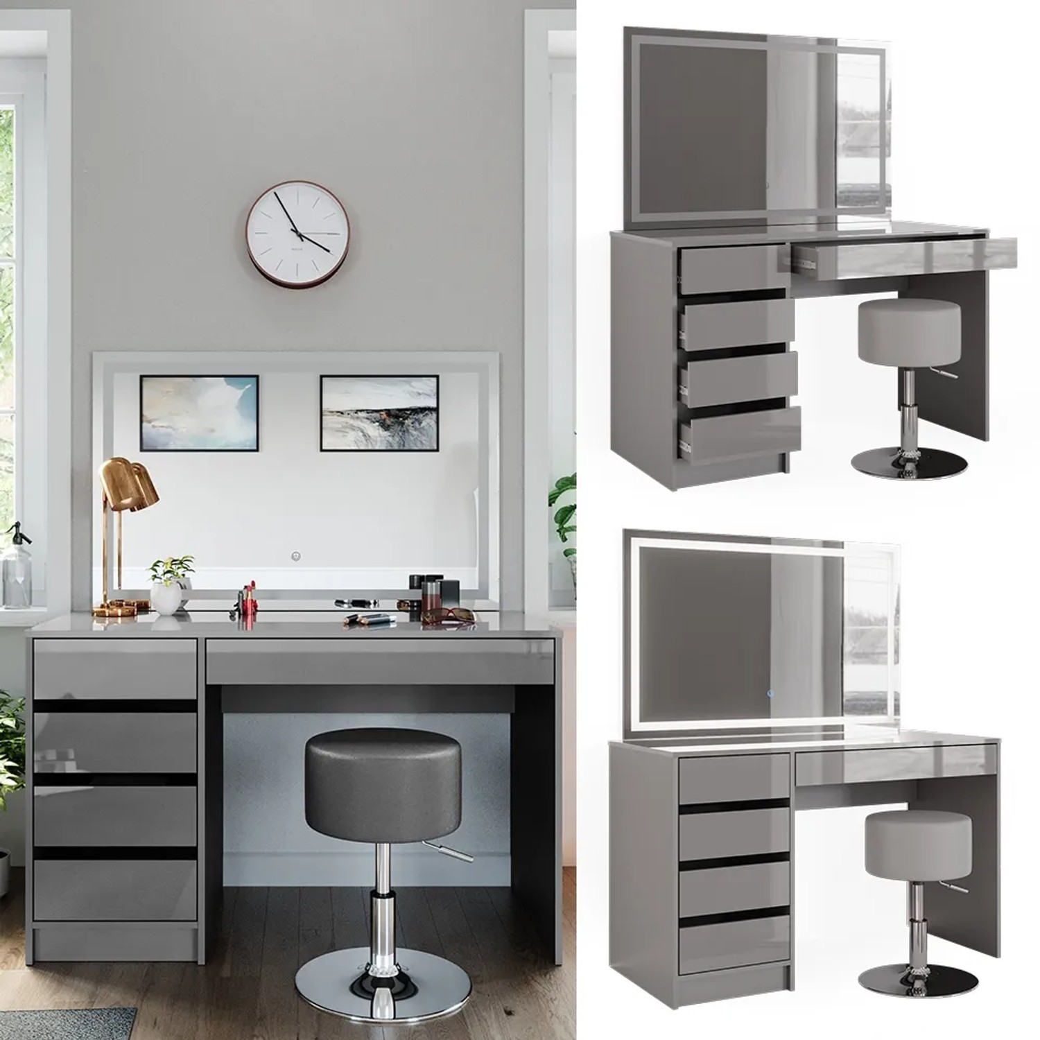 Grauer Vicco Schminktisch Sherry 120 cm mit LED-Spiegel und Hocker.