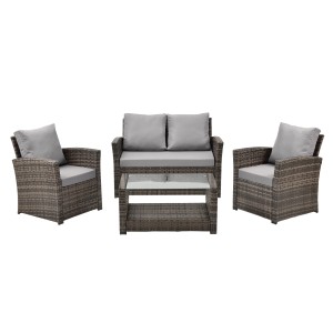 Svita Roma Polyrattan Lounge Set, braun, mit Sofa, zwei Sesseln und Tisch mit Glasplatte.