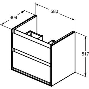 Skizze: Ideal Standard Connect Air Waschbeckenunterschrank, weiß, 58 cm, mit Schubladen und Maßangaben.