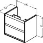 Skizze: Ideal Standard Connect Air Waschbeckenunterschrank, weiß, 58 cm, mit Schubladen und Maßangaben.