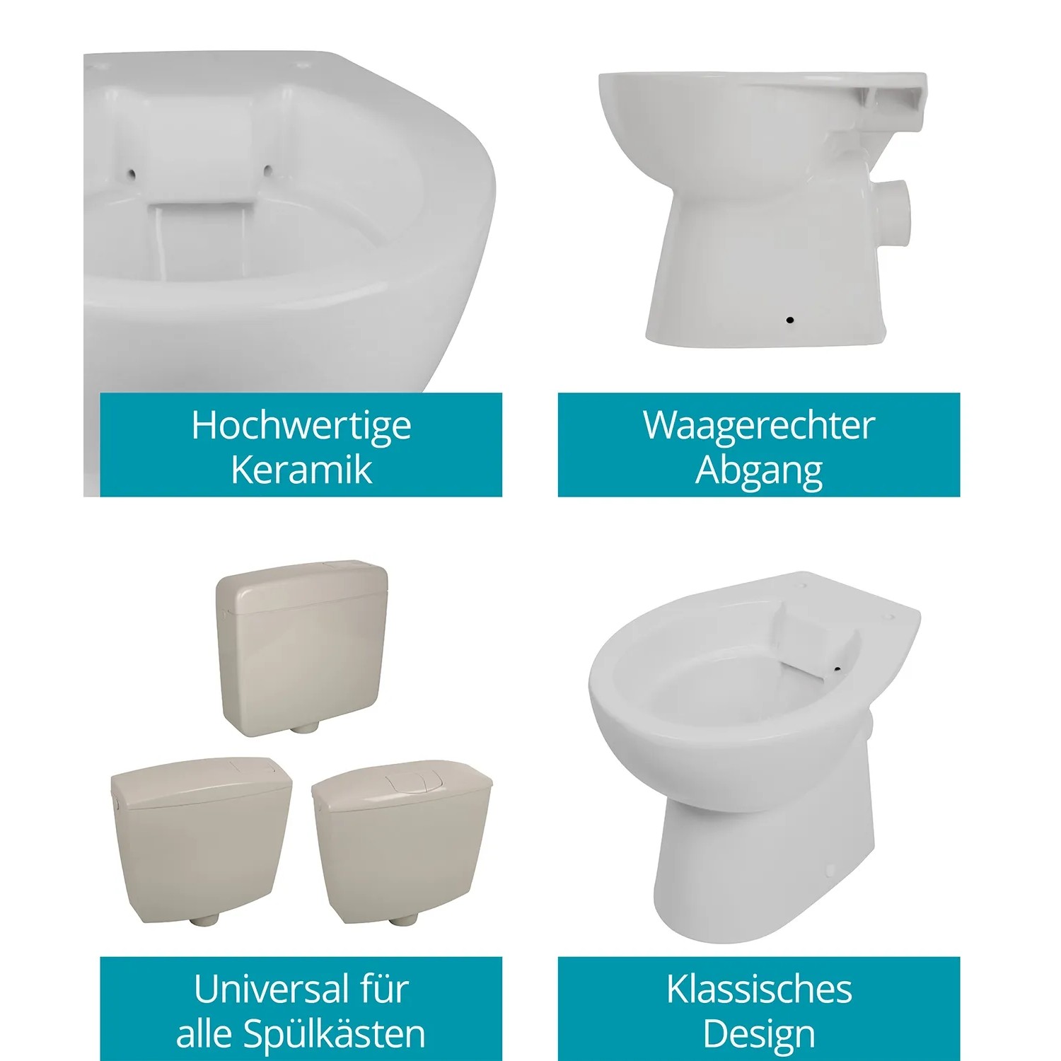 Calmwaters Stand-WC Manhattan-Grau, spülrandlos, waagerechter Abgang, Detailansichten und Spülkästen.