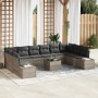 Hellgraues 11-tlg. vidaXL Garten-Sofa-Set aus Poly Rattan mit grauen Kissen und Tisch.