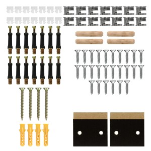 Montagematerial für ECD Germany Heizkörperverkleidung Landhausstil, bestehend aus Schrauben, Dübeln und Verbindungsstücken.