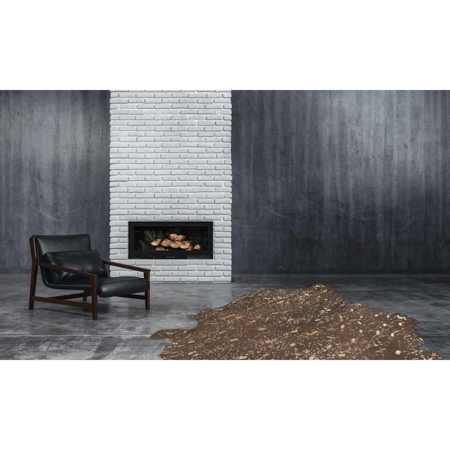 MeGusta Flachflor Teppich Animal Braun-Gold Leder (QM) im Wohnzimmer mit Sessel und Kamin.