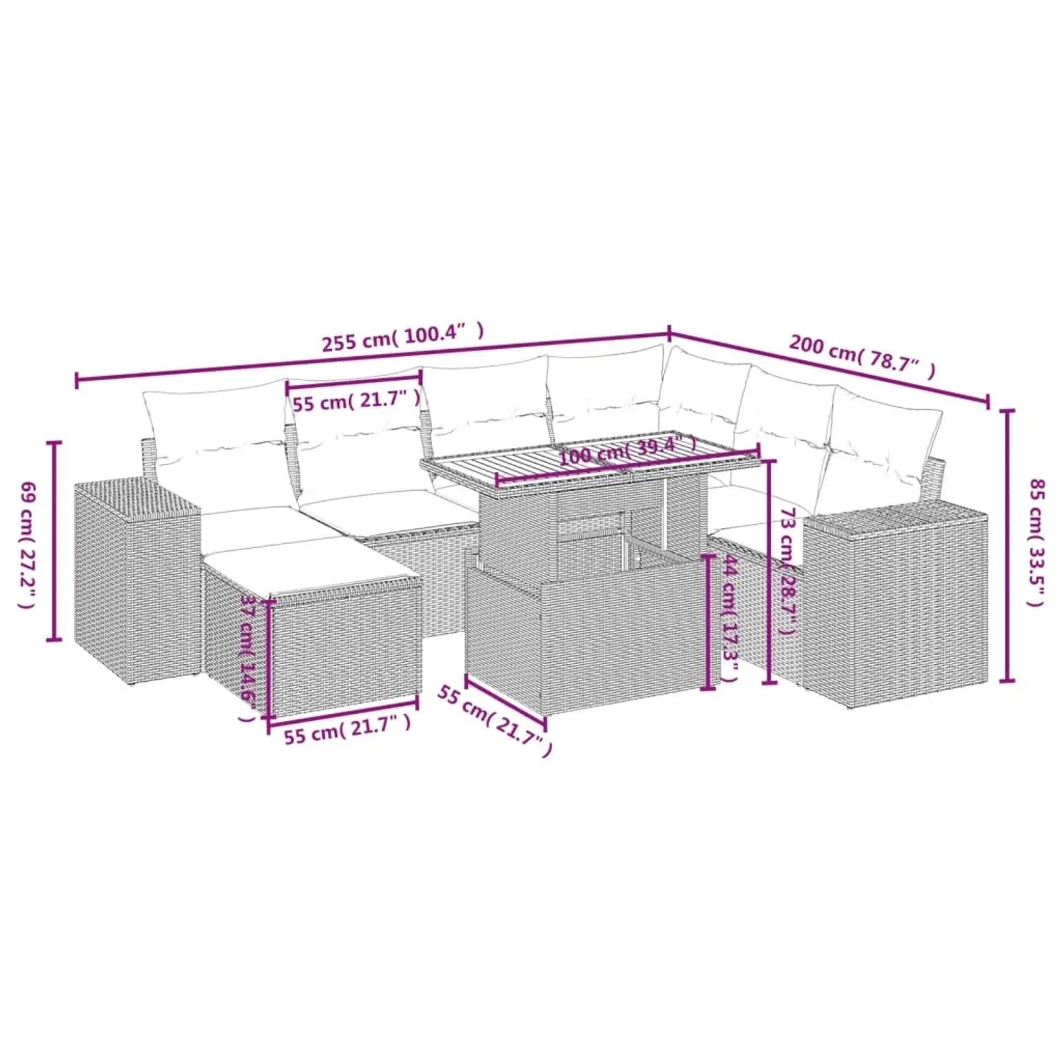 Graue 8-teilige Garten-Sofagarnitur aus Polyrattan mit Kissen. Gartenmöbel-Set mit Tisch, Hockern und Sofas.