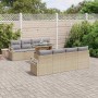 Beiges 9-teiliges vidaXL Garten-Sofa-Set aus Poly Rattan mit Tisch und grauen Kissen.