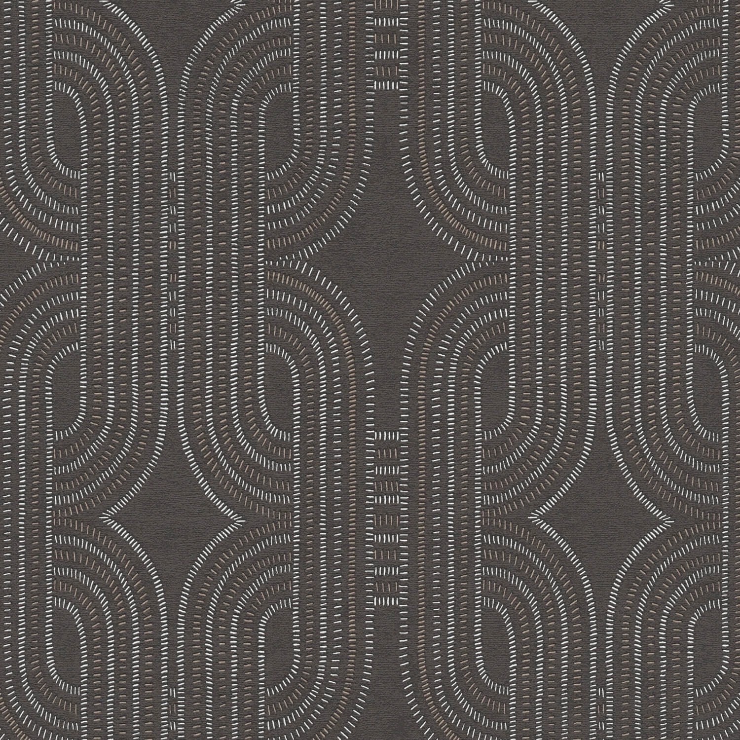 Anthrazitfarbene Retro-Tapete mit grafischem Muster in Silber und Grau. Dekorative Vliestapete.