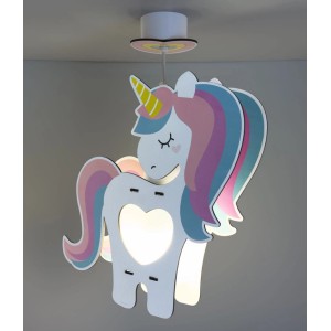 Dalber KinderDeckenlampe Einhorn mit buntem Haar und Herz-Ausschnitt.